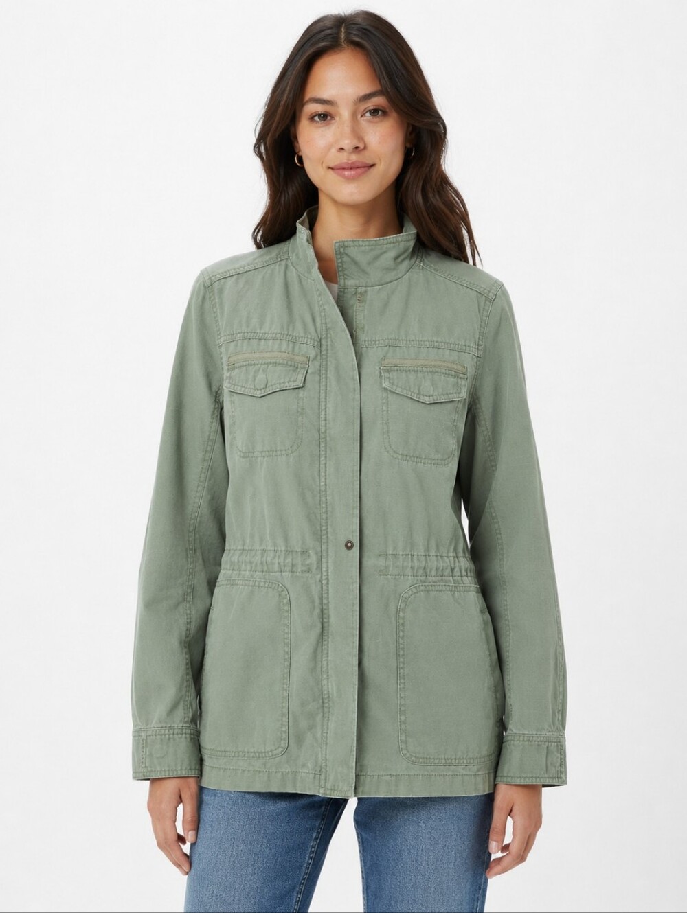 Sage Green Utility Military Field Jacket Cargo Pocket Lightweight Coat
